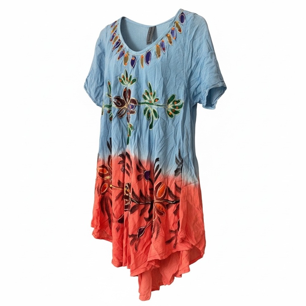 Sunflower Boho Embroidered Tunic Blue Coral Free Size Sequin Sharkbite T2724